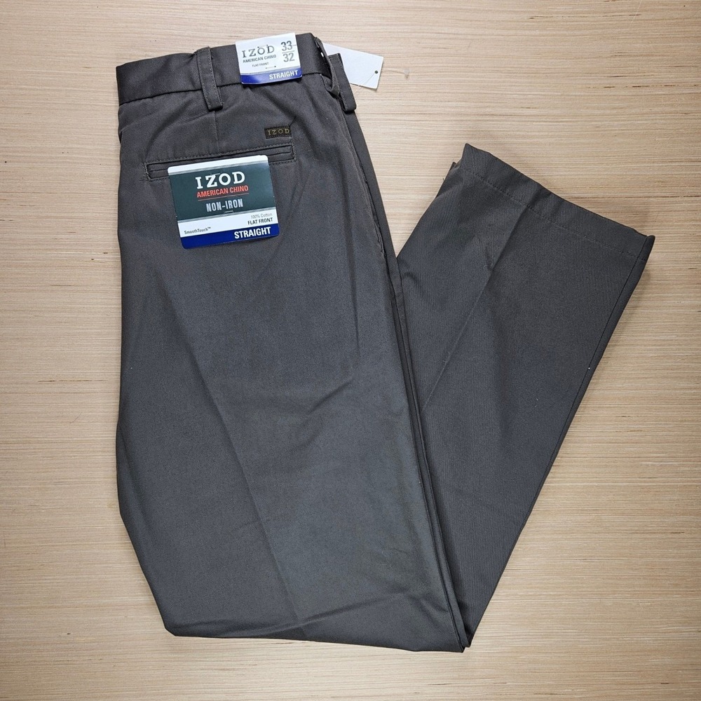 IZOD American Chino Straight Fit Mens Pants Gray 33x32 Smooth Touch Cotton NEW